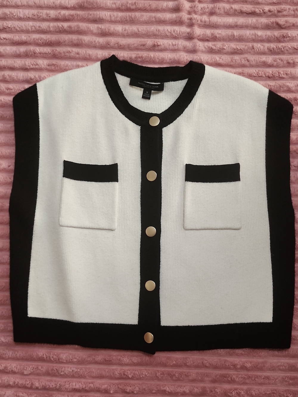 Sleeveless Knit Cardigan Vest in White with Black Trim